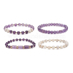 4Pcs 4 Style Natural Amethyst & White Crazy Agate & Brass Beaded Stretch Bracelets Set&nbsp;BJEW-JB08998