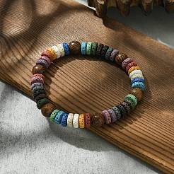 Dyed Natural Lava Rock Disc & Wood Beaded Stretch Bracelet&nbsp;BJEW-JB09799