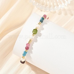 Natural Mixed Gemstone Faceted Round and Cube Beaded Bracelets with Natural Pearl & Brass End Chains&nbsp;BJEW-JB14336-03