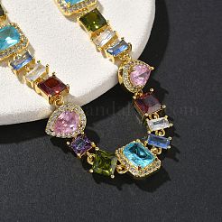 Brass Micro Pave Colorful Cubic Zirconia Rectangle & Square & Teardrop Link Chain Bracelets for Women&nbsp;BJEW-G764-07G