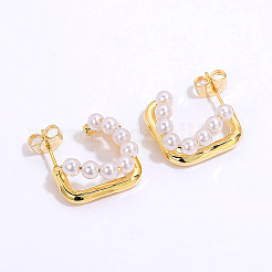 Fashionable Brass Imitation Pearl Square Stud Earrings&nbsp;HD0579