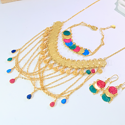 Fashion Brass Teardrop Tassel Coin Earrings & Necklace & Bracelet Sets for Women&nbsp;VY0534