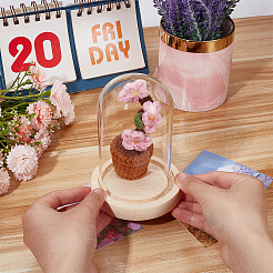 1 Set Glass Cloche Bell Jar Terrarium with 1Pc Handmade Knitting Crochet Artificial Plum Bossom Potted&nbsp;DJEW-WR0001-01C