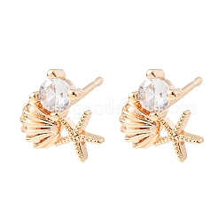 Starfish with Shell Shape Brass Micro Pave Clear Cubic Zirconia Stud Earrings&nbsp;EJEW-L278-05G