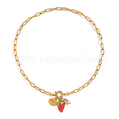 European Style 304 Stainless Steel Enamel Red Strawberry & Natural Shell Pendant Necklaces for Women&nbsp;FA9664