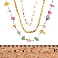 304 Stainless Steel & Colorful Natural Stone Chip & Imitation Pearl 3 Layer Necklaces for Women&nbsp;NJEW-Z061-07G