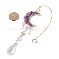Natural Amethyst & Quartz Crystal Chip Pendant Decorations with Brass Moon & Cable Chain&nbsp;HJEW-JM01645