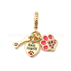 Brass Micro Pave Camellia Cubic Zirconia European Dangle Charms, with Colorful Enamel, Large Hole Pendants, Cadmium Free & Lead Free, Bone & Heart & Paw Print, Real 18K Gold Plated, 26mm, Hole: 4.5mm