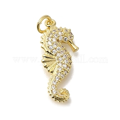 Brass Micro Pave Cubic Zirconia Pendants, Cadmium Free & Lead Free, with Shell, Seahorse Charms, with Jump Ring, Real 16K Gold Plated, 22x10x2mm