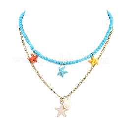 Alloy Enamel & Dyed Synthetic Turquoise Starfish & Natural Cowrie Shell Pendant 304 Stainless Steel Double Layer Necklaces&nbsp;NJEW-JN05466
