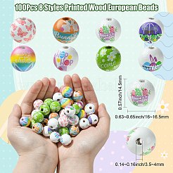 100Pcs 8 Styles Printed Wood European Beads&nbsp;WOOD-CJ0001-84