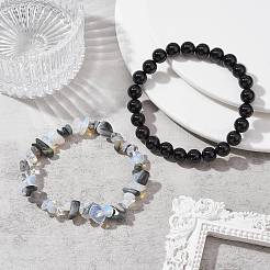 2Pcs 2 Style Opalite Chip & Natural Tiger Eye & Natural Black Onyx Beaded Stretch Bracelets Set&nbsp;BJEW-TA00411