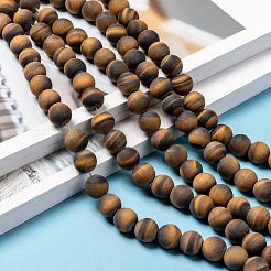 Natural Frosted Tiger Eye Round Bead Strands&nbsp;G-M064-10mm-02