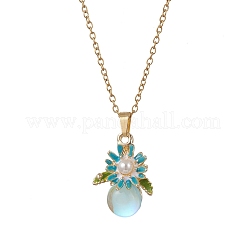 2Pcs 2 Colors Alloy Enamel & ABS Imitation Pearl & Glass Flower Pendant 304 Stainless Steel Cable Chain for Women&nbsp;NJEW-JN05992