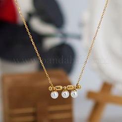 Three Round Glass Pearl Horizontal Bar Pendant 304 Stainless Steel Cable Chain Necklaces for Women&nbsp;WG28E74-01