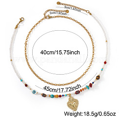 Handmade Natural Mixed Stone Beaded Double Layer Necklaces with Stainless Steel Sacred Heart Pendant for Women Daily Wear&nbsp;OB9788-1