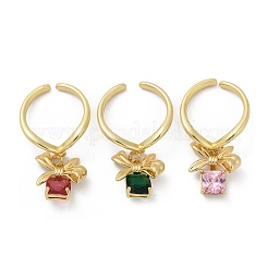 Brass Micro Pave Cubic Zirconia Adjustable Open Cuff Rings for Women&nbsp;RJEW-U057-05G