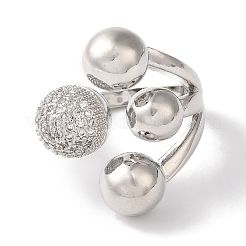 Brass Micro Pave Clear Cubic Zirconia Round Ball Open Cuff Rings for Women&nbsp;RJEW-C098-18P