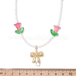 Alloy Bowknot Pendant Tulip Flower Glass Seed Beaded Necklaces for Women&nbsp;NJEW-MZ00148