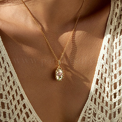 Vintage Brass Pave Clear Cubic Zirconia Enamel Oval with Flower Pendant Necklaces for Women&nbsp;WGF0AA9-02