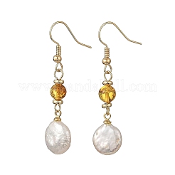 Flat Round Natural Amber & Keshi Pearl Dangle Earrings&nbsp;EJEW-JE07360-01