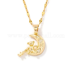 Brass Pave Clear Cubic Zirconia Shiny Cute 3D Bear Moon Pendant Necklaces for Women&nbsp;XT3479-2