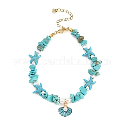 Zinc Alloy Enamel Shell Shape Charm Round Shell Pearl & Dyed Synthetic Turquoise Starfish & Magnesite Chip Beaded Anklets&nbsp;AJEW-AN00735-02