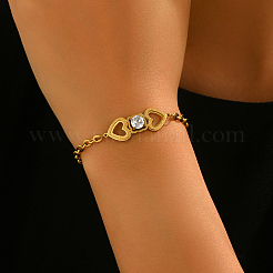 Stainless Steel Heart Link Bracelets with Clear Cubic Zirconia for Women Daily Wear Gift&nbsp;ME3579