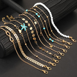 10Pcs Beach Style Alloy & Synthetic Turquoise & Resin Link Anklets&nbsp;WGF01BA-01
