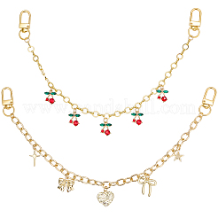 2Pcs 2 Styles Alloy Ruby Rhinestone Cherry & Heart Bowknot Pendant Brass Bag Decorative Chains&nbsp;HJEW-BM0001-45