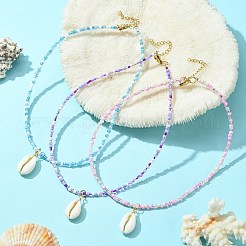 3Pcs 3 Color Natural Cowrie Shell Pendant Necklaces Set with Glass Seed Beaded Chains&nbsp;NJEW-JN04455