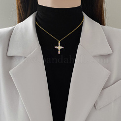 304 Stainless Steel Pave Pink Cubic Zirconia & Faux Pearl Cross Pendant Necklaces for Women&nbsp;WGAE7D3-01