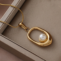 316 Surgical Stainless Steel with Imitation Pearl Oval Pendant Necklaces for Women&nbsp;CK2829