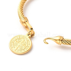 Ion Plating(IP) 304 Stainless Steel Saint Benedict Charms Twist Rope Bangle for Women&nbsp;BJEW-P283-06G