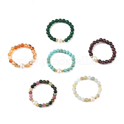 Synthetic Turquoise/Natura White Jade/Multicolor Tourmaline/Carnelian/Flower Amazonite & Cultured Freshwater Pearl Finger Rings&nbsp;RJEW-JR01106