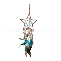 Handmade Leather Woven Net/Web with Feather Wall Hanging Decoration&nbsp;HJEW-G015-08B