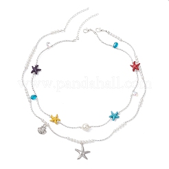 Round Shell Pearl and Starfish Dyed Synthetic Turquoise and Brass Curved Tube Beaded Double Layer Necklaces&nbsp;NJEW-TA00220