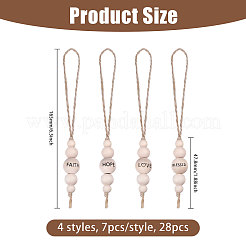 28Pcs 4 Styles Christmas Theme Wood Round Beaded with Word Pendant Decorations with Jute Cord&nbsp;HJEW-CA00079