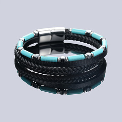 Column Synthetic Turquoise Braided PU Leather 3-Strand Bracelets with Stainless Steel Magnetic Clasps for Men&nbsp;WG65235-02