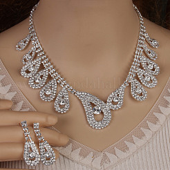Teardrop Brass Rhinestone Pendant Necklaces & Stud Dangle Earrings Sets for Women&nbsp;WGD620E-02