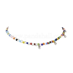 Bohemian Round Glass Seed Beaded Necklaces with Antique Silver Tone Alloy Heart Charms&nbsp;NJEW-JN05216