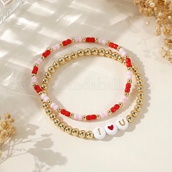 2Pcs 2 Styles I Love You Brass & Acrylic & Seed Beads Stretch Bracelets&nbsp;XD6242