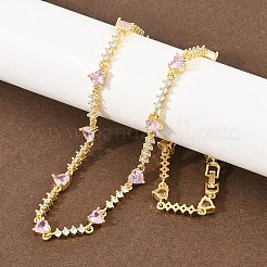 Brass Pave Pink Cubic Zirconia Heart Link Chain Necklaces&nbsp;KK-CBA4547-16A-G