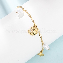 Ocean 304 Stainless Steel and Imitation Pearl Charm Anklets for Women&nbsp;SA-CBA3D94-04D-G