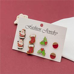 4 Pairs Santa Claus & Holly Leaves & Christmas Socking Printed Wood Stud Earrings&nbsp;EJEW-OY001-02