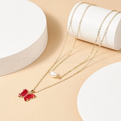 Glass Butterfly & Natural Pearl Pendants Double Layer Necklace with Clear Cubic Zirconia&nbsp;NJEW-TA00043-01
