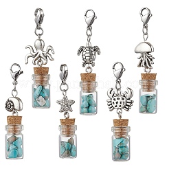 Glass Wishing Bottle  with Synthetic Turquoise Chip Beads inside Pendant Decorations&nbsp;HJEW-JM03043