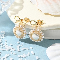 Shell Pearl with Brass Dangle Stud Earrings for Women&nbsp;EJEW-TA00574