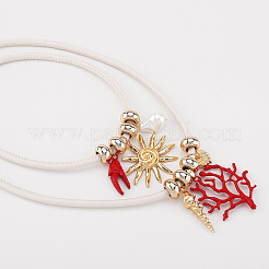 Sun Red Coral Shape Alloy & Plastic Pearl Pendant Imitation Leather Cord Double Layer Necklaces&nbsp;FS-WG16676-01