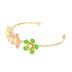 Alloy Flower with Imitation Pearl Beaded Open Cuff Bangle for Women&nbsp;BJEW-D054-02G-03